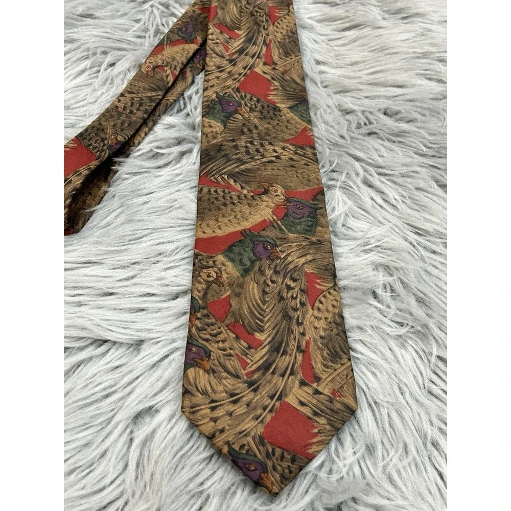 Lands End Mens Hand Printed Pheasant Designed 100% Silk Necktie USA‎ MADE